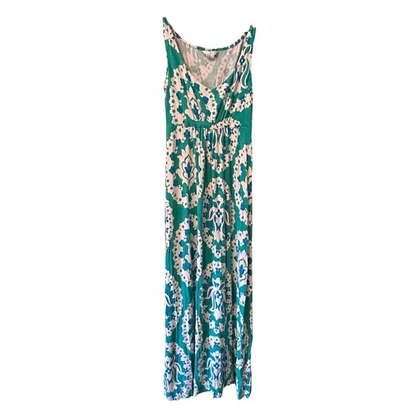 Boden Women's Green Print Jersey Knit Maxi Dress, Sleeveless V-Neck 2P Petite 2 - Picture 1 of 4
